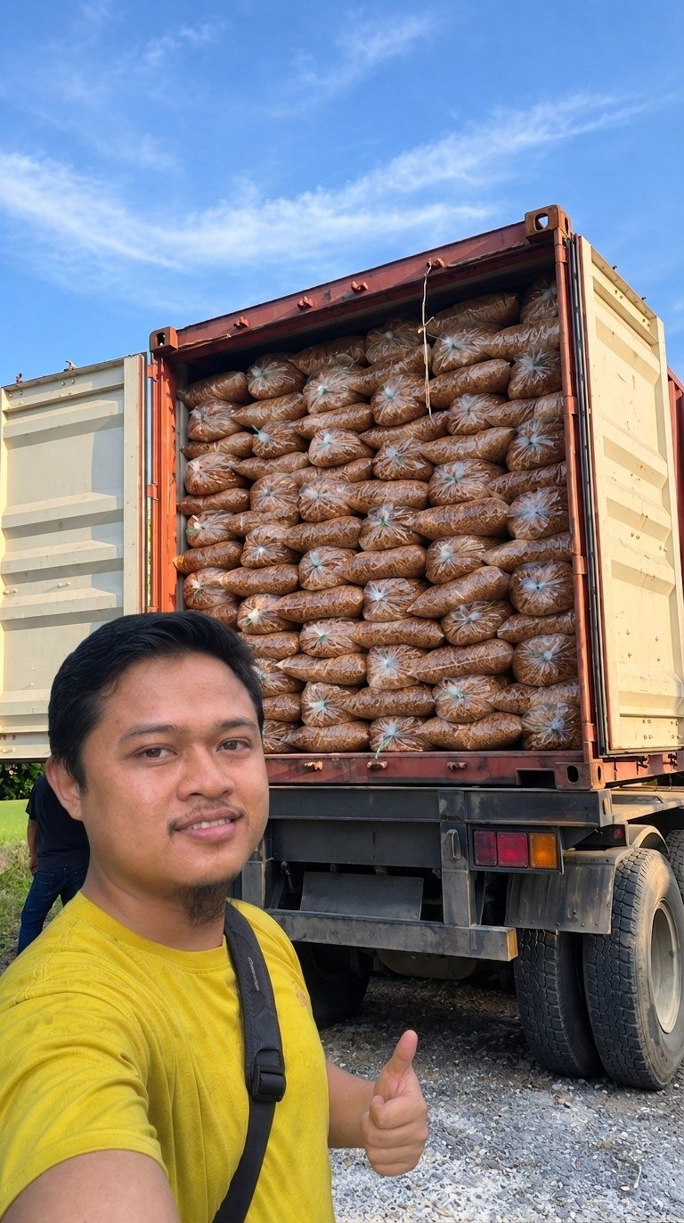 Pria berfoto di depan kontainer berisi karung bawang goreng