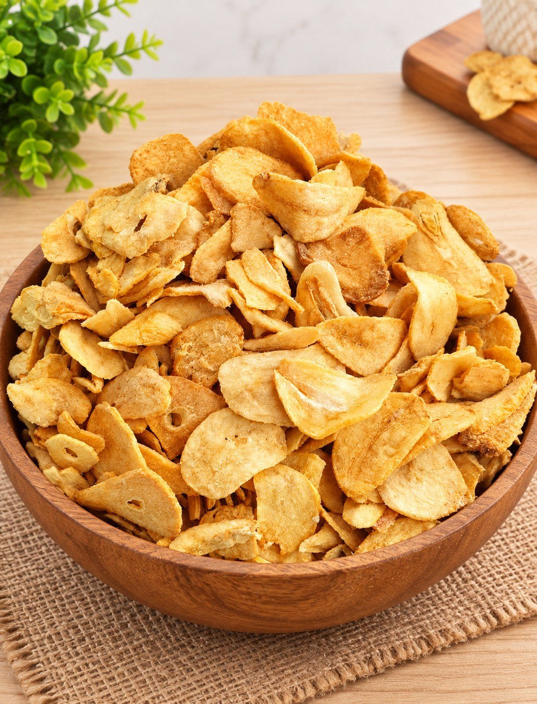 Bawang putih goreng dalam mangkuk kayu