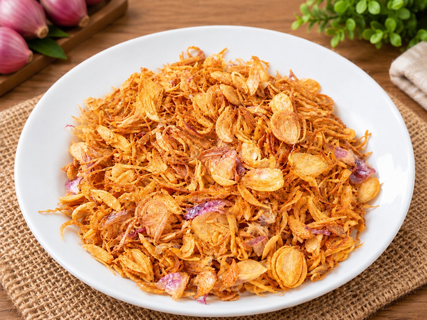 Bawang goreng Brebes di atas piring putih